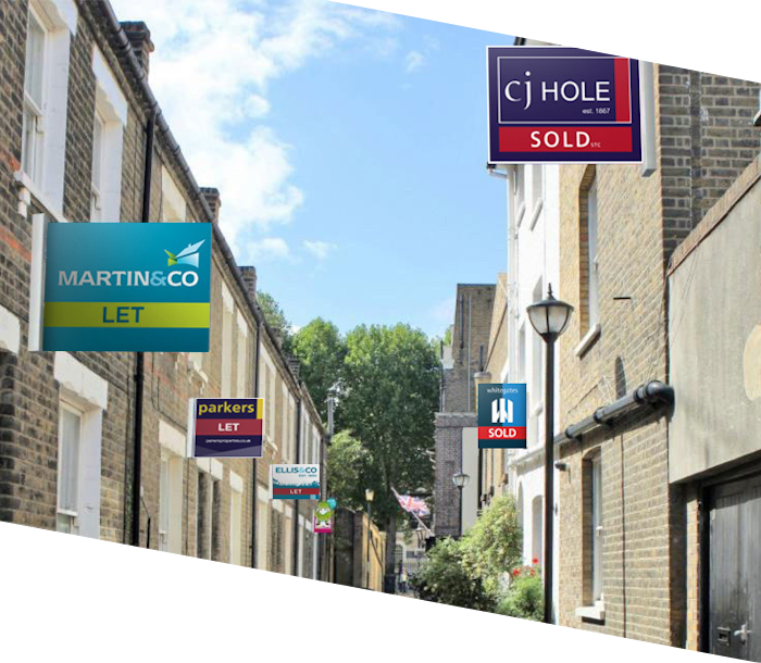 Street with brand boards